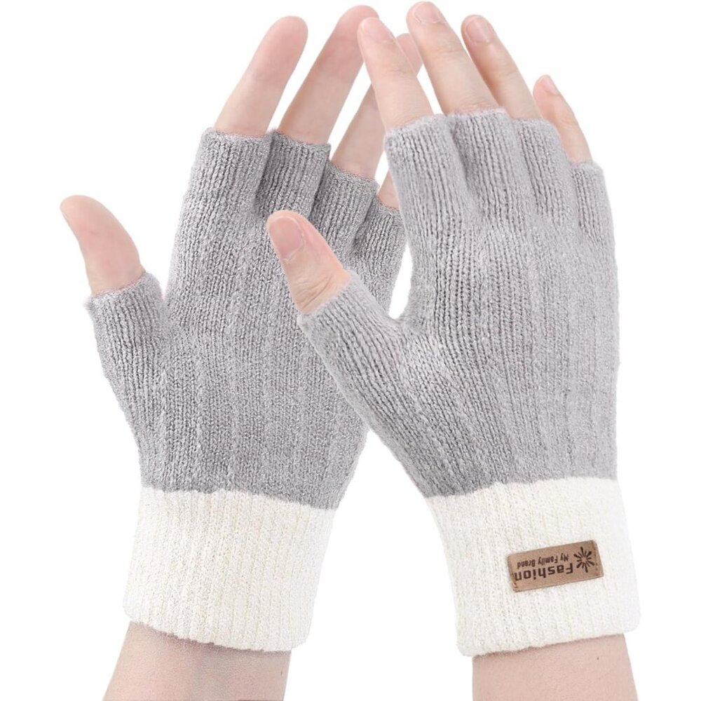 Women's Gray White Half Fingers Fingerless Cozy Lining Knitted Mittens Gloves